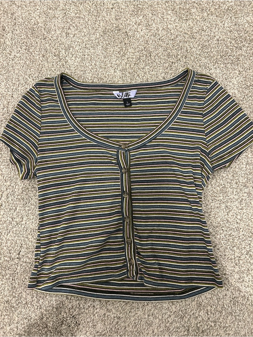 Vylette Multicolor Striped Button-Front Women's Crop Top